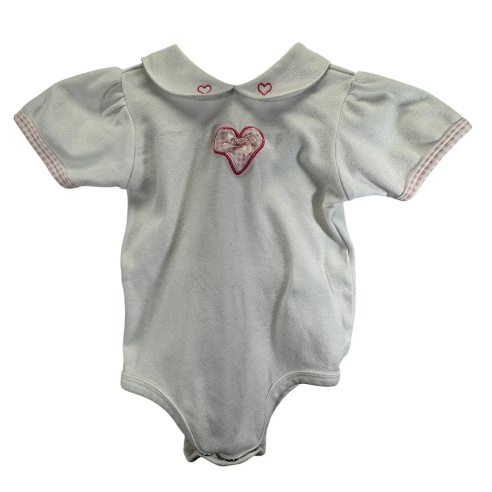 Vintage Y2K Heart Embroidery Bodysuit Kids 6-9M Gingham Trim Cotton Girly Summer